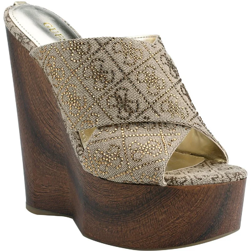 Women's Rhinestone - Embellished Open - Toe Sandals in Silver for a Glamorous Party LookGuess Womens Teishy  Dressy Slip On Wedge Sandals