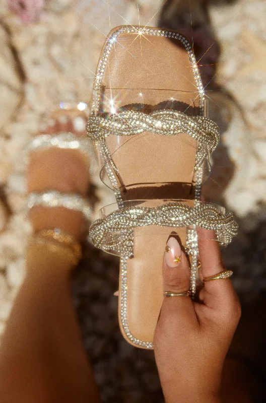 Women's Sandals with a Glitter - Coated Strap in Gold for a Sparkly Summer OutfitIsland Breeze Embellished Slip On Sandals - Silver