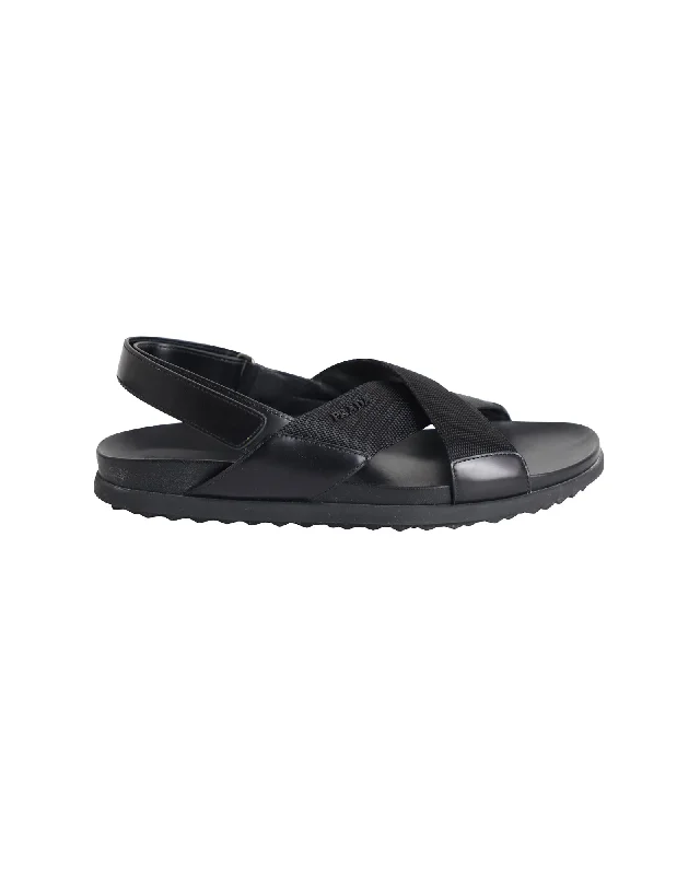 Elastic - Strap Women's Sandals with a Padded Toe in Teal for Easy On - and - OffPrada Logo Strap Crisscross Sandals in Black Leather