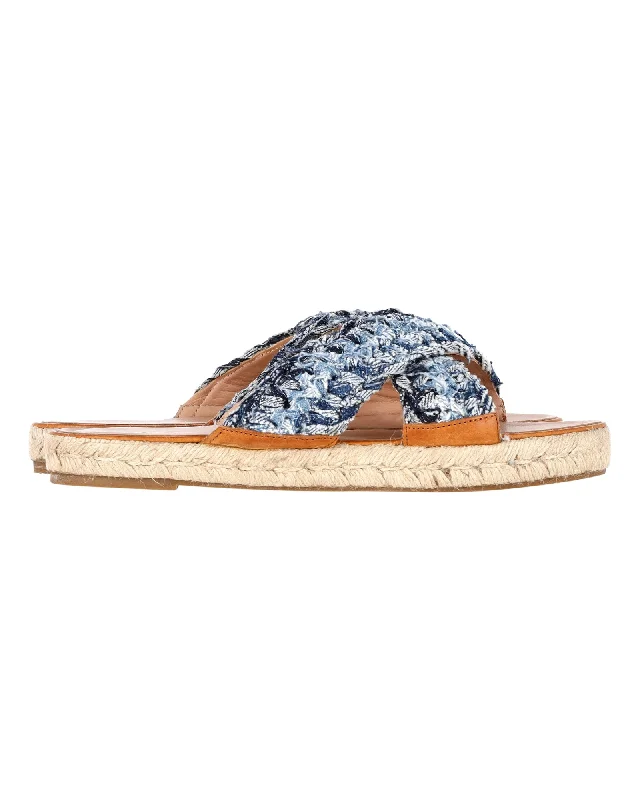 Women's Flat Slide Sandals with a Memory Foam Insole in White for All - Day ComfortRED (V) Valentino Leather Trimmed Distressed Braided Espadrille Slides in Blue Denim