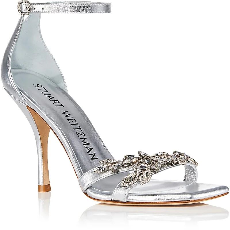 Women's Rhinestone - Embellished Open - Toe Sandals in Silver for a Glamorous Party LookStuart Weitzman Womens Nudist Vow 100 Sanda Leather Adjustable Heels Women's Rhinestone - Embellished Open - Toe Sandals in Silver for a Glamorous Party LookStuart Weitzman Womens Nudist Vow 100 Sanda Leather Adjustable Heels