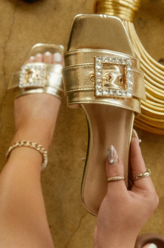 Women's Flat Slide Sandals with a Memory Foam Insole in White for All - Day ComfortSummer Solstice Embellished Buckle Slip On Sandals - Gold