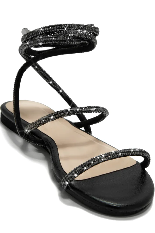 Women's Sandals with a Glitter - Coated Strap in Gold for a Sparkly Summer OutfitSummers In Tulum Embellished Lace Up Sandals - Black