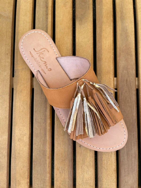 Adjustable Strap Women's Sandals with a Padded Heel in Pink for a Custom FitTassel Slide Sandals In Camel W/ Gold