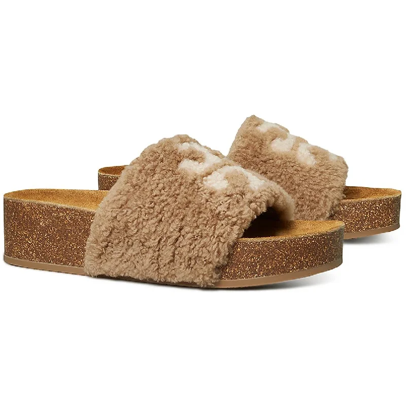 Women's Flat Slide Sandals with a Memory Foam Insole in White for All - Day ComfortTory Burch Womens Double T Shearling Peep-Toe Slide Sandals
