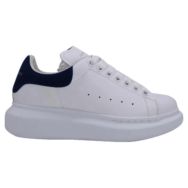 Wide - Width Women's Sneakers for Comfortable Fit for Those with Wider FeetAlexander McQueen Women's Oversized Sneakers in White Calfskin Leather and Paris Blue Suede Wide - Width Women's Sneakers for Comfortable Fit for Those with Wider FeetAlexander McQueen Women's Oversized Sneakers in White Calfskin Leather and Paris Blue Suede
